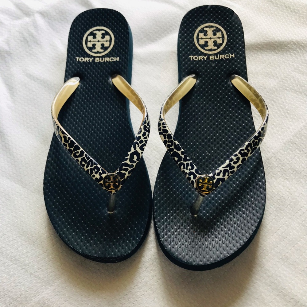 Tory Burch Black and Gold Leopard-Print Flip Flop Sandals